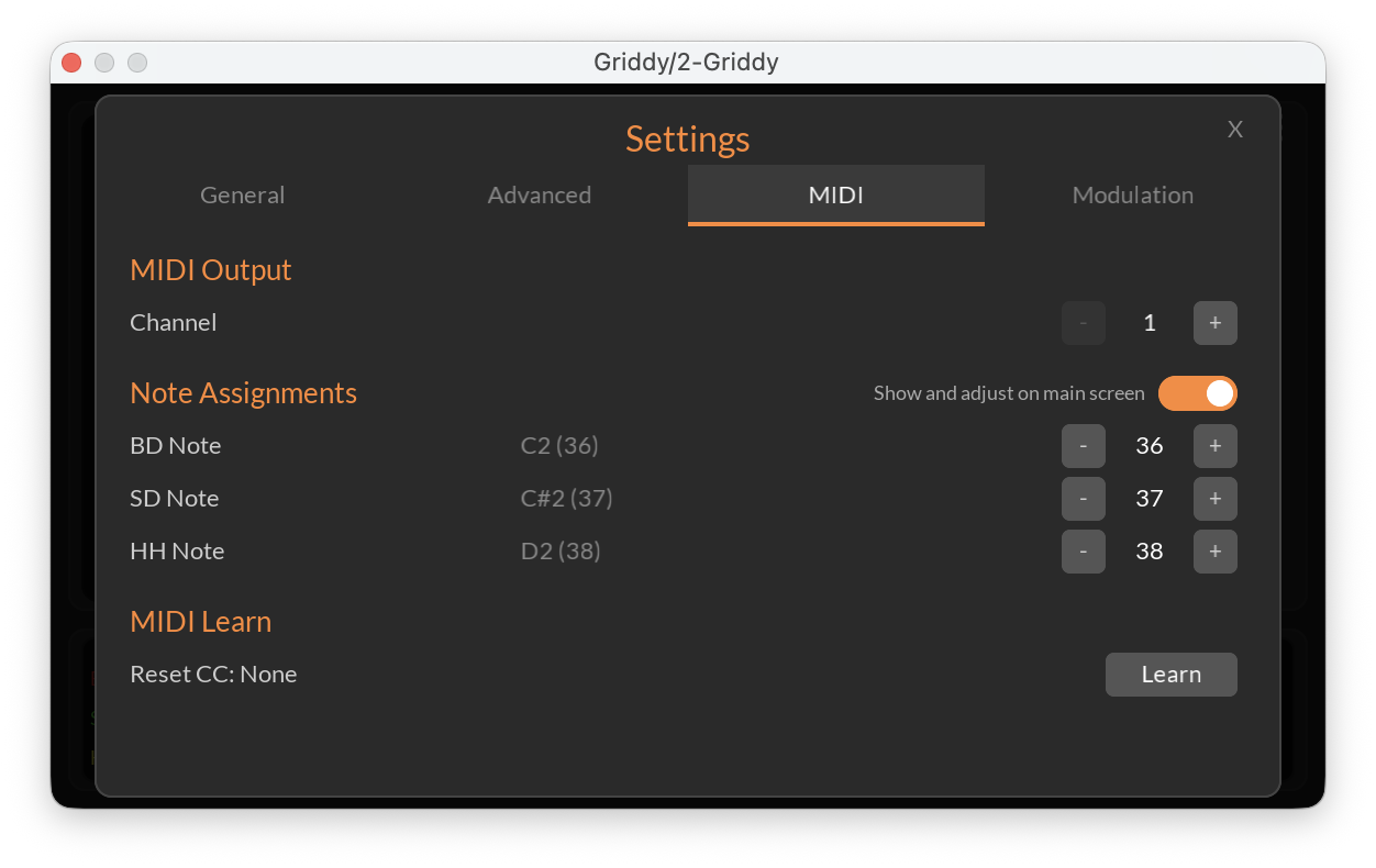 Griddy settings MIDI tab
